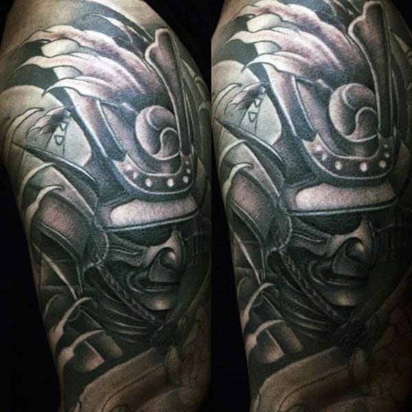Man With Samurai Mask Shaded Half Sleeve Tattoo