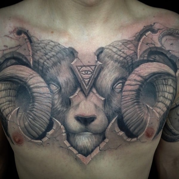 Man With Satanic Goat 3d Stone Chest Tattoo