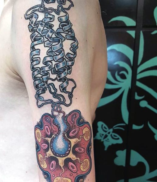 Man With Science Tattoo Of Serotonin Receptor On Arm