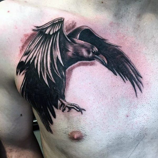 Man With Shaded Black Ink Chest Crow Tattoo