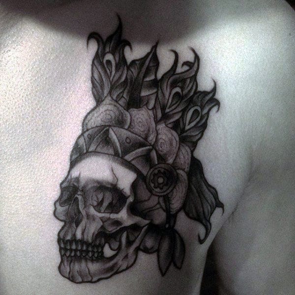 Man With Shaded Indian Skull Tattoo On Upper Chest