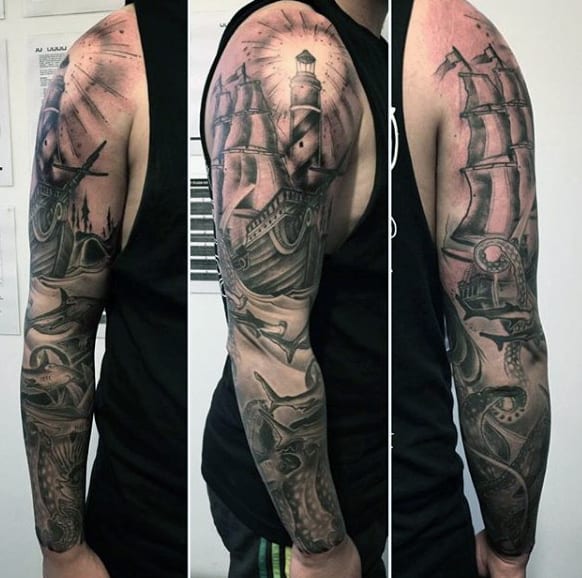 Man With Shaded Nautical Underwater Sleeve Tattoo