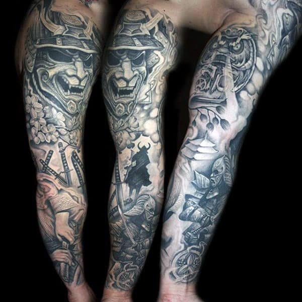 Man With Shaded Samurai Mask And Battle Scene Full Sleeve Tattoo