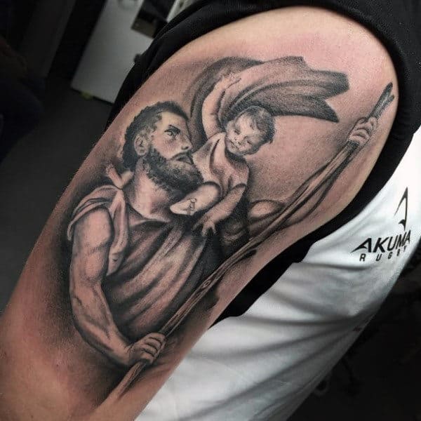 Man With Shaded St Christopher Tattoo Design On Arm