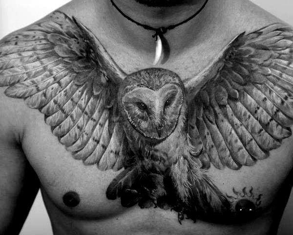 Man With Shaded Upper Chest Owl Tattoo Design
