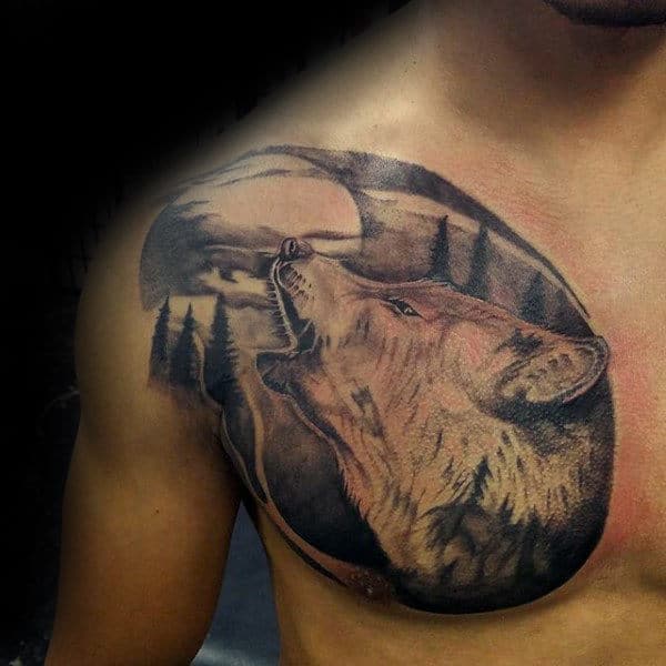 Man With Shaded Wolf Howling Upwards At The Moon Tattoo On Chest