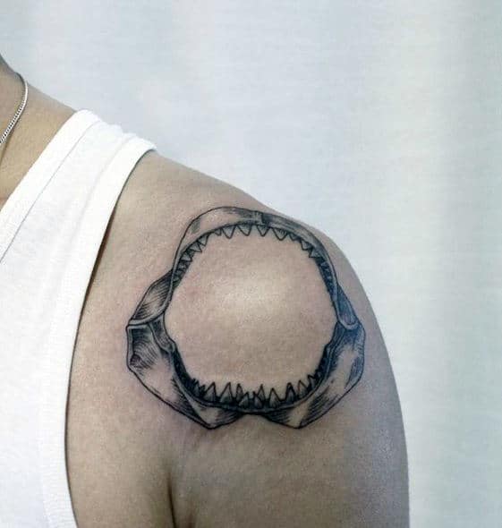 Man With Shark Jaw Shoulder Cap Tattoo