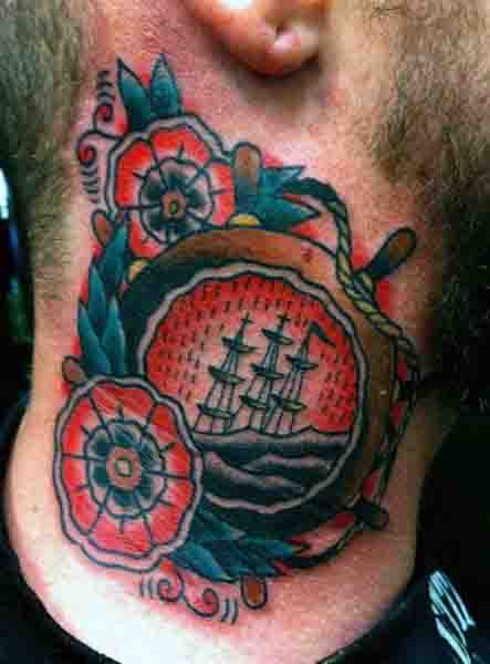 Man With Ship Wheel Anchor Tattoo On Neck Sailor Jerry Style