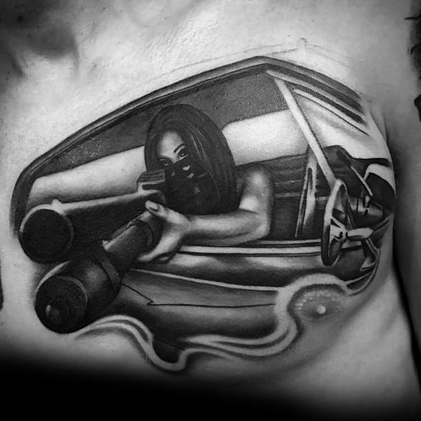 Realistic black and grey tattoo of a masked woman aiming a shotgun from a car window, featuring intense shading and a dynamic 3D effect.