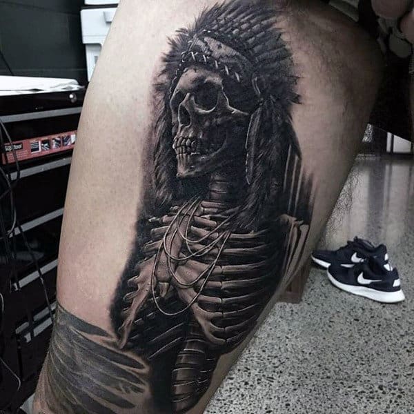 Man With Skeleton Indian Black Ink Thigh Tattoo