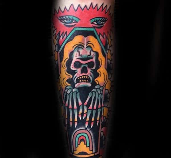 Man With Skin Tattoo Of Skeleton Colorful Abstract Design