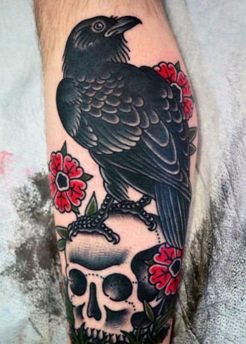 Man With Skull And Black Traditional Crow Leg Tattoo