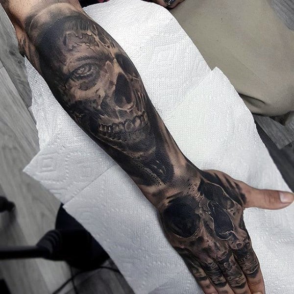 Man With Skull And Zombies Lower Forearm Tattoo Sleeves