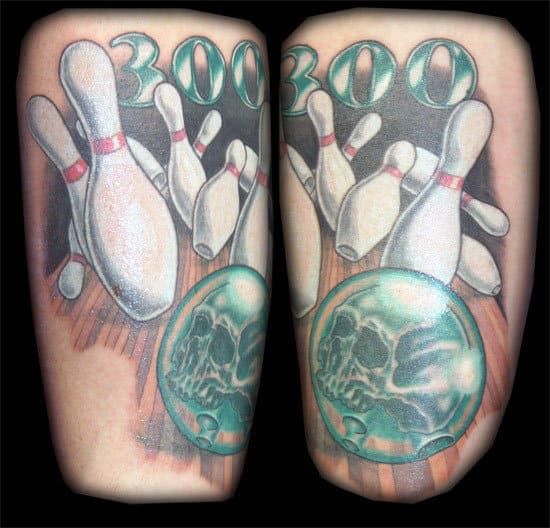 Man With Skull Faced Bowling Ball Knocking Pins 300 Arm Tattoo