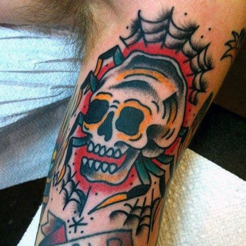 Man With Skull Traditional Spider Inner Arm Bicep Tattoos
