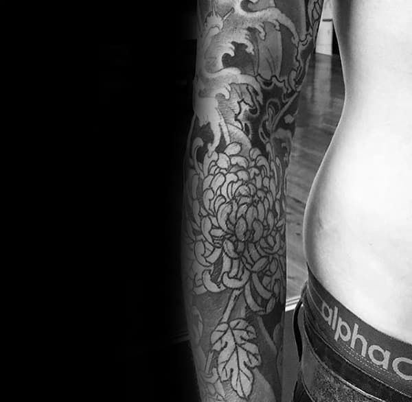 Man With Sleeve Chrysanthemum Floral Tattoo Design