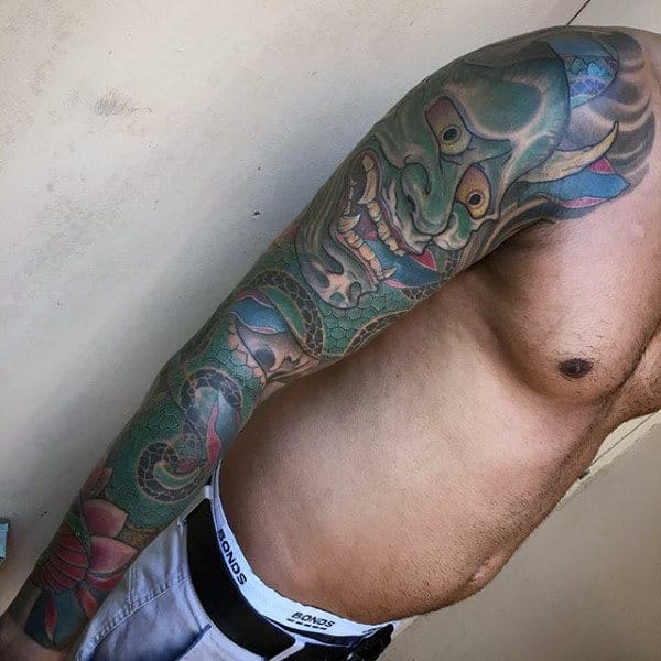 Man With Sleeve Tattoo Of Hannya Mask