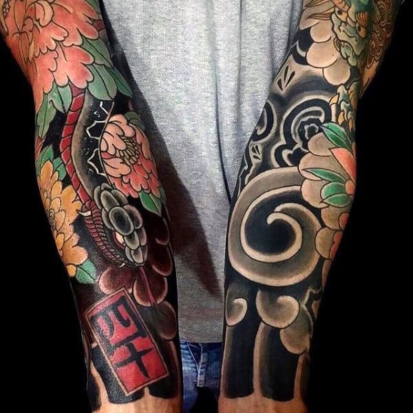 Man With Sleeve Tattoos Of Peony Flowers Japanese Design