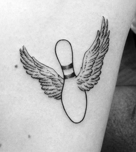 Man With Small Simple Bowling Pin With Wings Tattoo On Arm