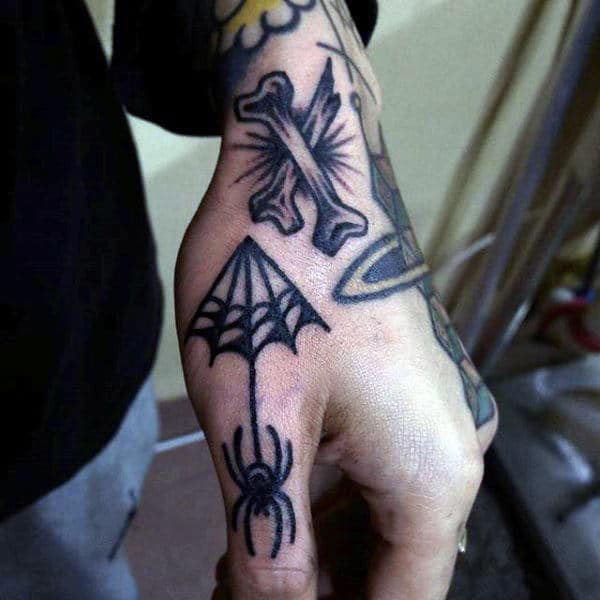 Man With Small Spider On Parachute Tattoo On Back Hand