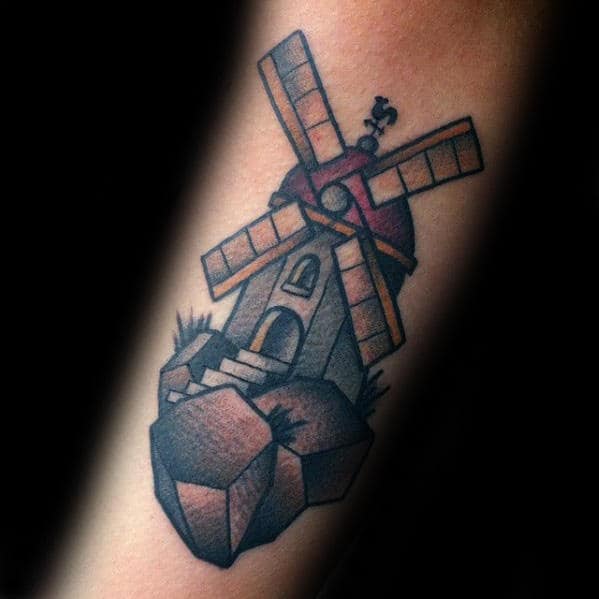 Man With Small Windmill Old School Traditional Inner Forearm Tattoo
