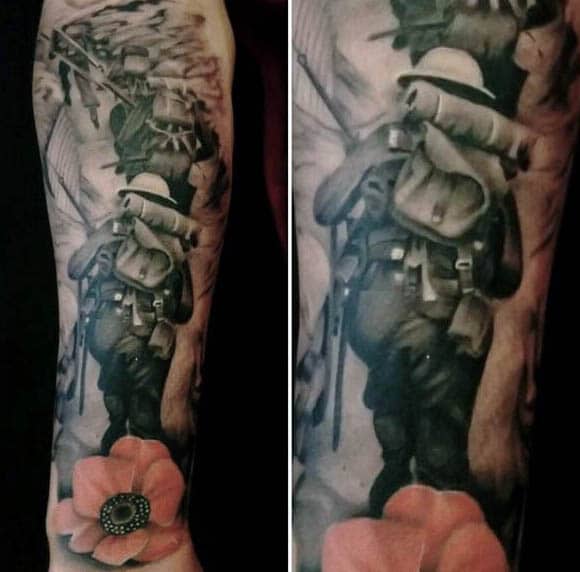 Man With Soliders Walking Through Battlefield And Poppy Tattoo On Forearm Wrist