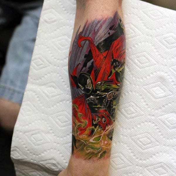 Man With Spawn Tattoo Leg Sleeve