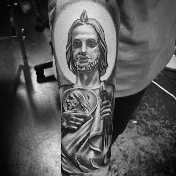 Man With St Jude Forearm Sleeve Tattoo
