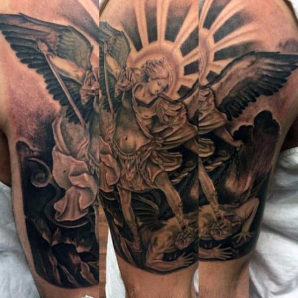 Man With St Micheal Sleeve Tattoo