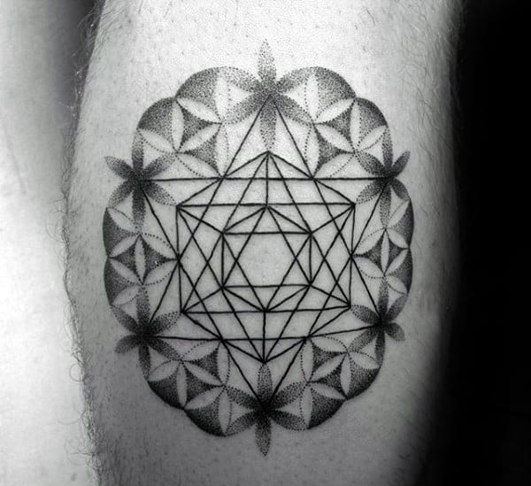 Man With Star Flower Of Life Geometrical Leg Calf Tattoo