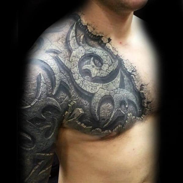 Man With Stone 3d Unbelievable Realistic Chest And Arm Tattoo