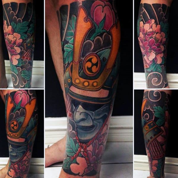 Man With Stylish Colorful Samurai Mask On Flower Background Tattoo Calf Piece
