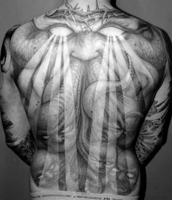 Man With Sun Rays Eyes Beaming Down Crazy Full Back Tattoo