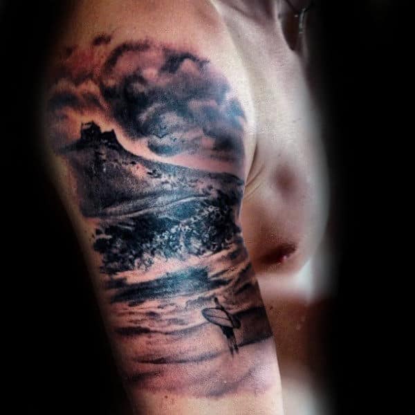 Man With Surf Board On A Cloudy Day Tattoo Male Arms
