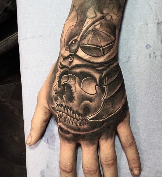 Man With Sweet 3d Skull Samuari Helmet Tattoo On Hands