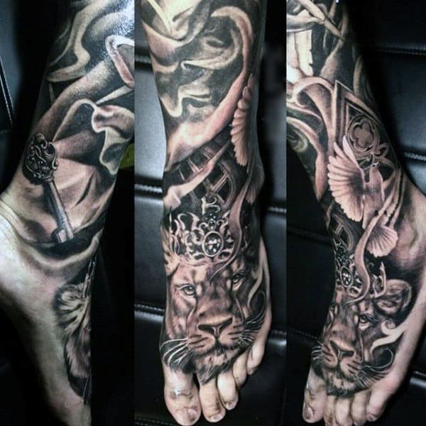 Man With Tattoo Key On Lower Legs