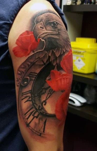 Man With Tattoo Of A Clock And Red Flowers