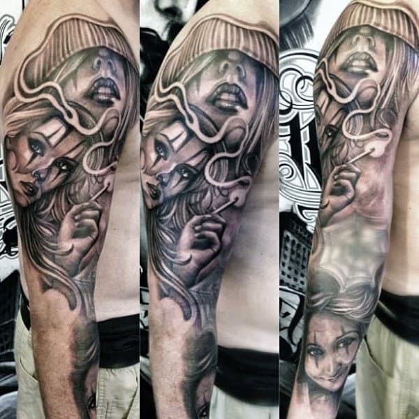 Man With Tattoo Of Chicano Females Sleeve Design