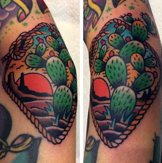 Man With Tattoo Of Desert Cactus Old School Design