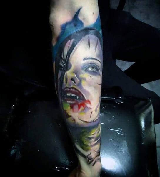 Man With Tattoo Of Female Vampire Half Sleeve Design