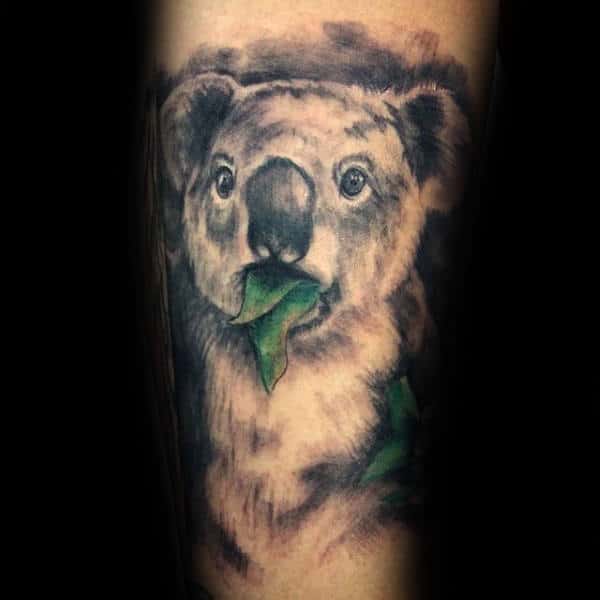Man With Tattoo Of Koala Eating Green Leaf Watercolor Design