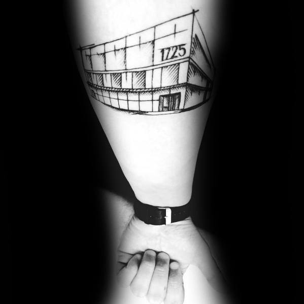 Black and white tattoo of the Dunder Mifflin office building from *The Office*, featuring the address number "1725" on the facade.