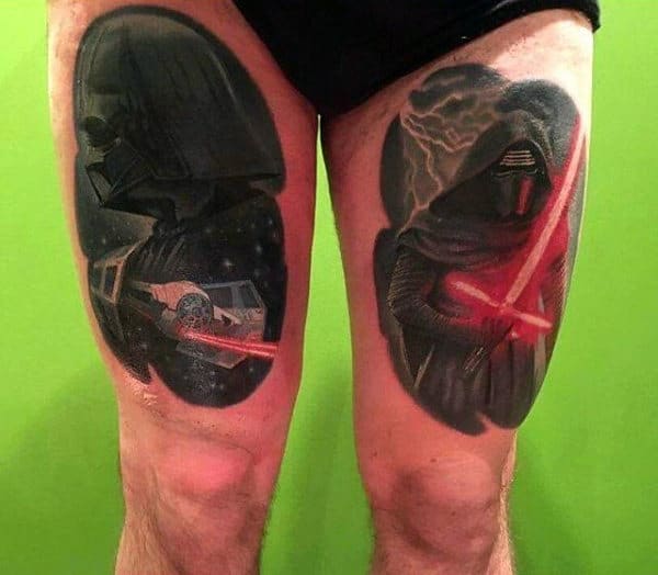 Man With Thigh Tattoos Of Lightsabers