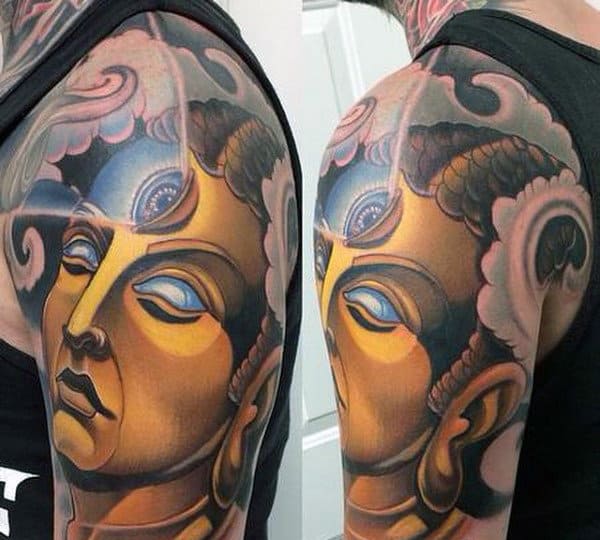 Man With Third Eye Awakening Buddha Tattoo On Shoulder