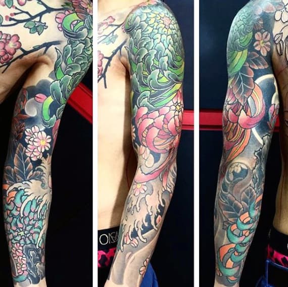 Man With Traditional Chrysanthemum Japanese Flower Sleeve Tattoos