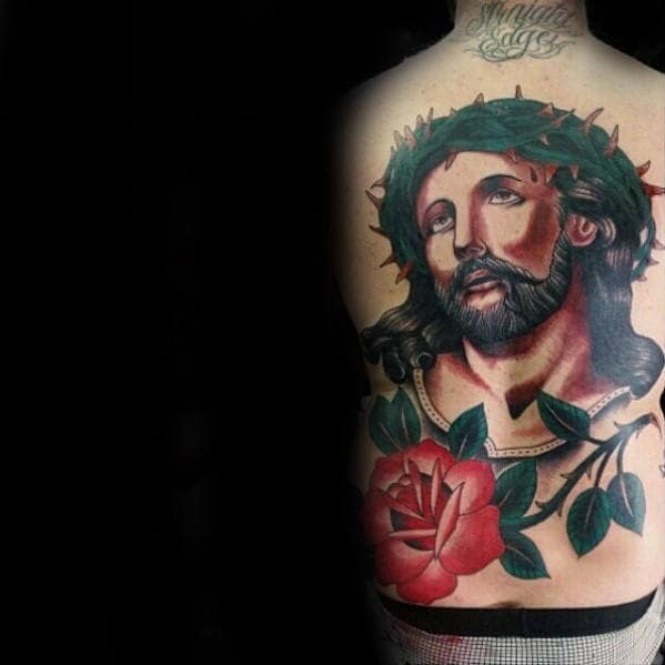 Man With Traditional Jesus Rose Flower With Stem Back Tattoo