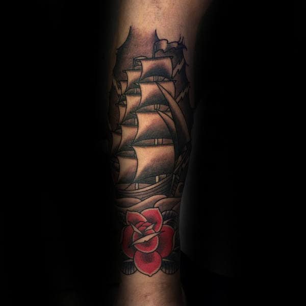 Man With Traditional Shaded Ship Leg Sleeve Tattoo
