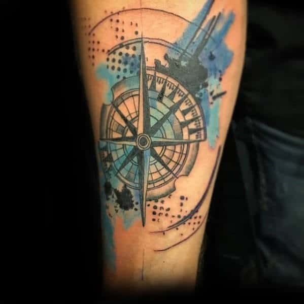 Man With Trash Polka Watercolor Compass Inner Forearm Tattoo