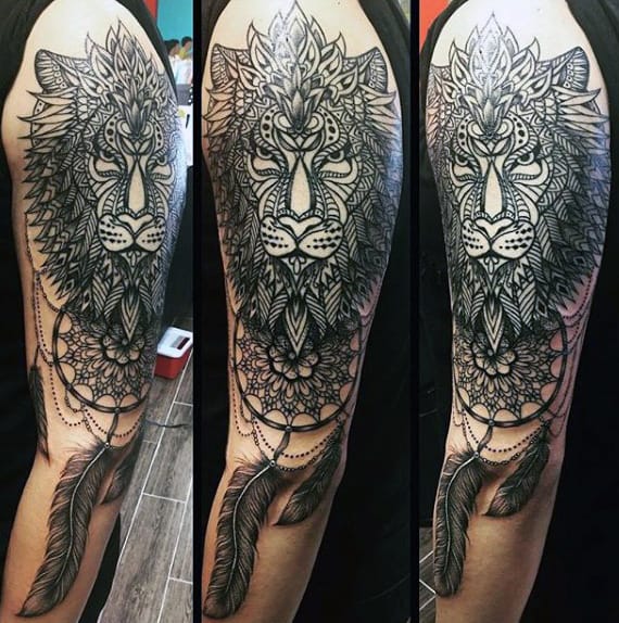 Man With Tribal Lion Dreamcatcher Half Sleeve Arm Tattoo