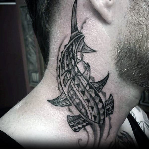 Man With Tribal Shark Neck Tattoo